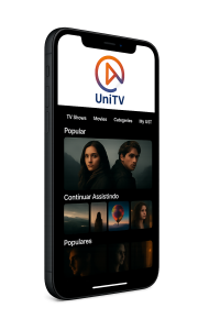 Celular moderno com tela de streaming da UNITV em fundo branco.