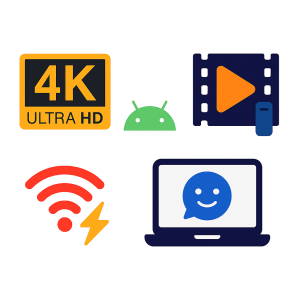 Conjunto de ícones ilustrando 4K Ultra HD, Android, filmes e séries, streaming rápido e suporte via chat.