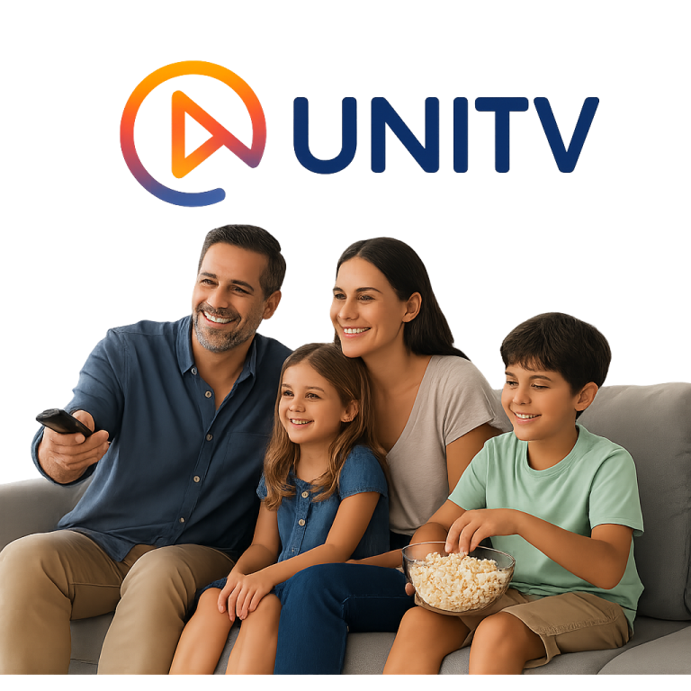 Família assistindo filmes com IPTV UniTV, aproveitando teste grátis com mais de 500 canais ao vivo.
