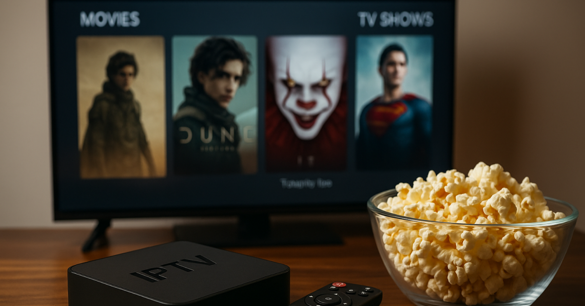 Bowl de pipoca, controle remoto e TV Box de IPTV em frente a uma tela exibindo capas de filmes e séries como Duna, It e Superman.