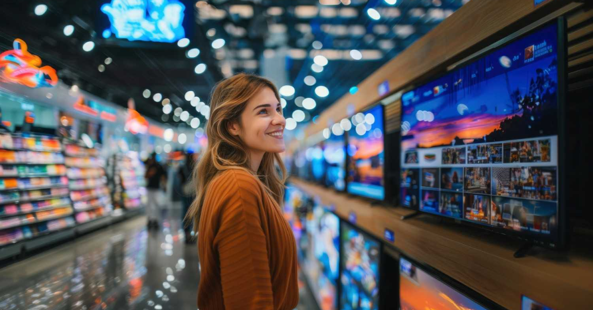 Consumidora avaliando opções de televisores e conteúdos IPTV.