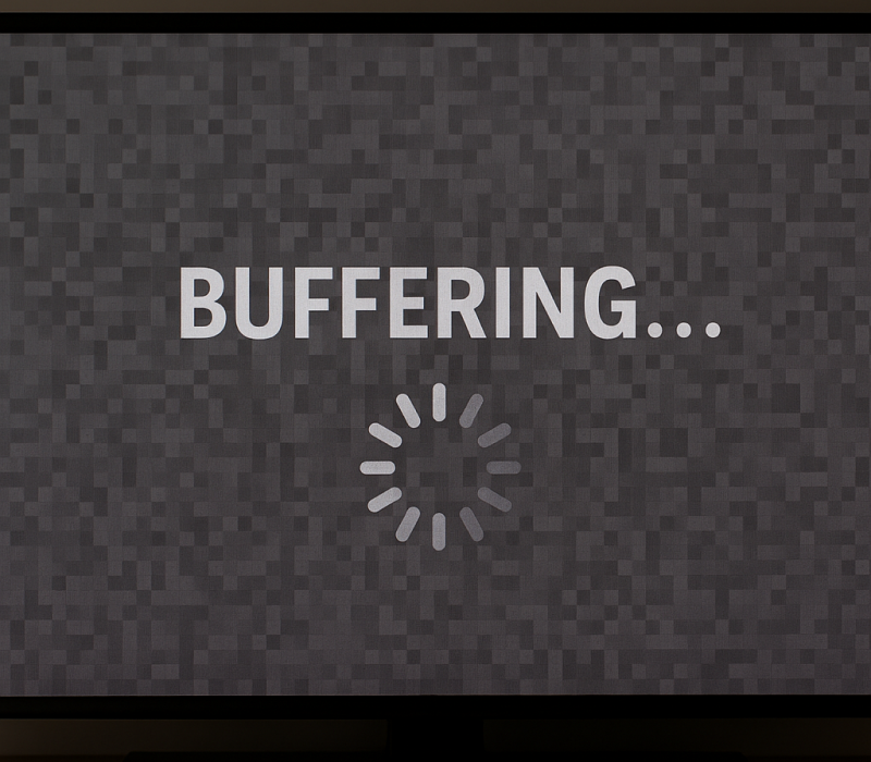 Fotografia de uma televisão exibindo um ícone de buffering no centro da tela, simbolizando travamentos e interrupções frequentes em serviços de IPTV devido a problemas de conexão ou configuração. ela de TV exibindo ícone de carregamento, representando IPTV travando.