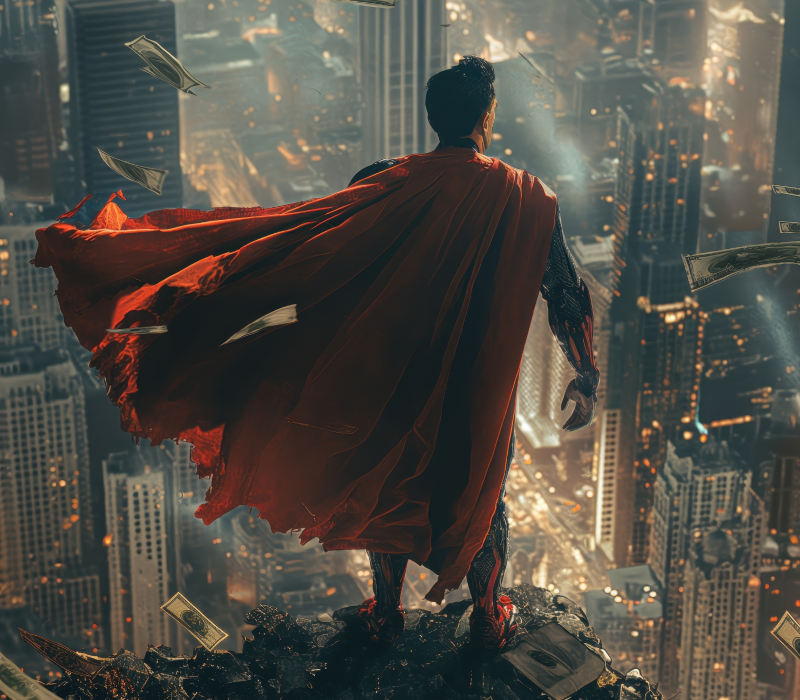 Ilustração de um super herói observando uma cidade iluminada do alto, com sua capa vermelha esvoaçante.