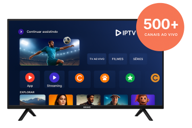 Interface do UniTV IPTV em uma Smart TV com 500+ canais ao vivo.
